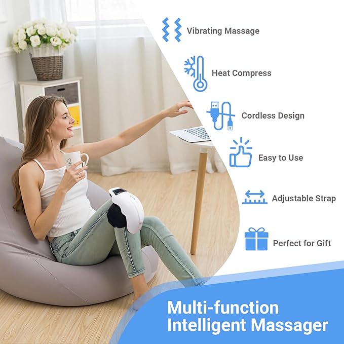Cordless knee massager with heat and vibration in use at home