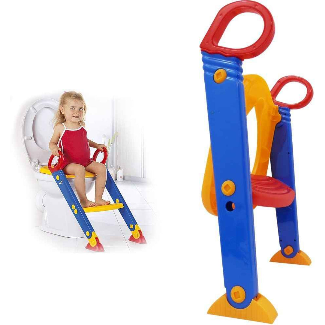 Toddler using potty training seat with ladder
