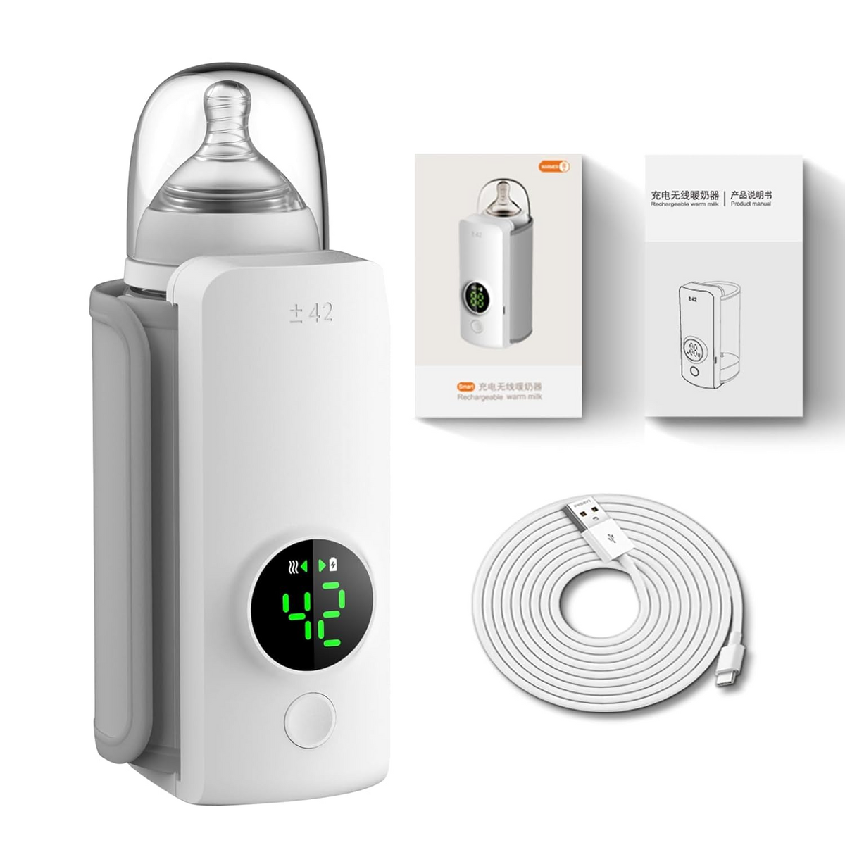 Portable bottle warmer with digital display and USB cable