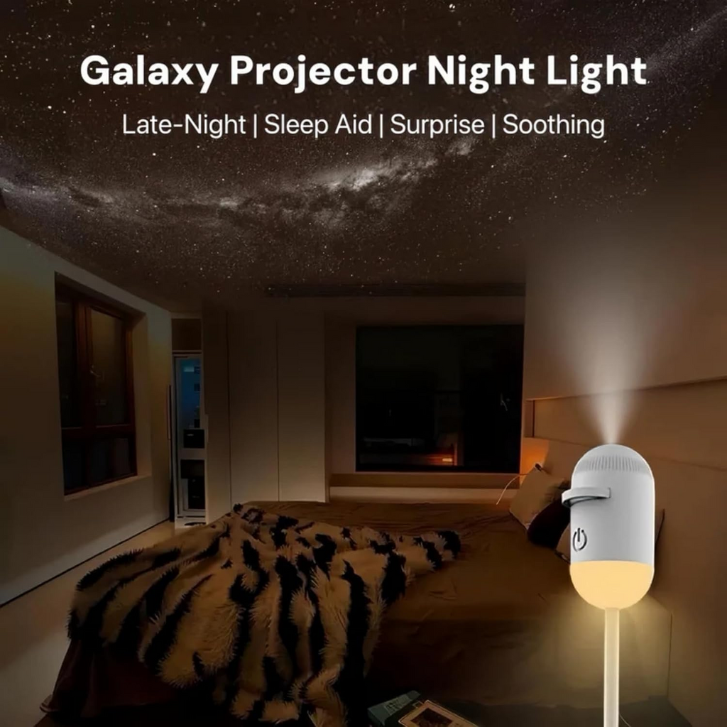 Galaxy star projector night light in bedroom