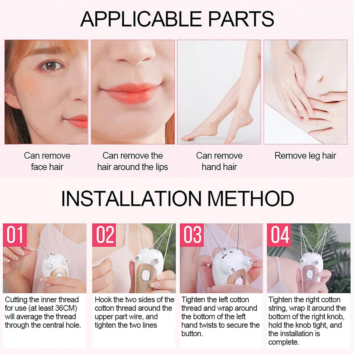 Threading epilator applicable areas and thread installation