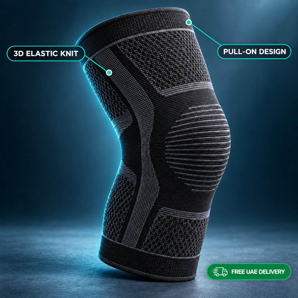 3D elastic knee support showing knitted fabric and pull-on design