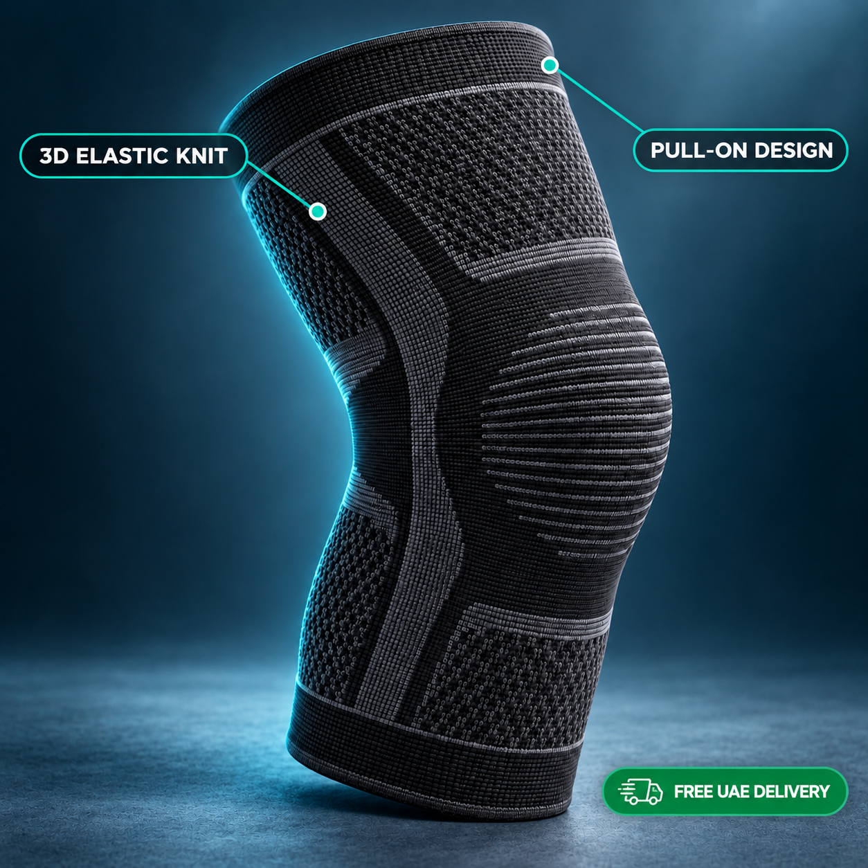 3D elastic knee support showing knitted fabric and pull-on design