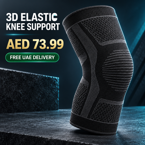 3D elastic knee support hero image with AED 73.99 price and free UAE delivery