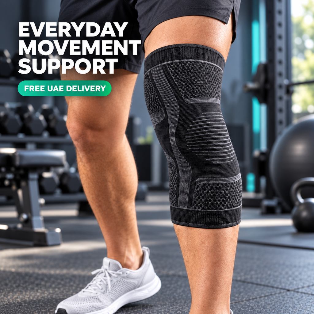 3D elastic knee support worn for everyday movement in a gym