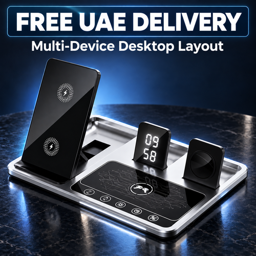 4-in-1 charging station multi-device desktop layout with FREE UAE DELIVERY