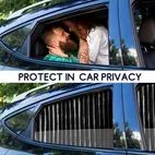 People in a car with a car window shade fitted, text "Protect in car privacy" displayed