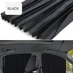 Close-up of a black pleated car window shade with "BLACK" label on a white background