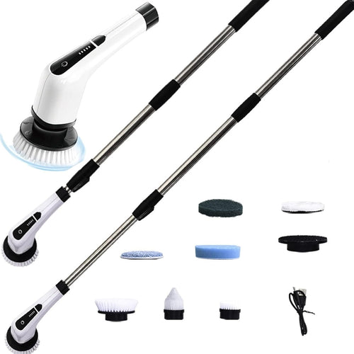 Cordless electric spin scrubber with 7 brush heads and adjustable handle
