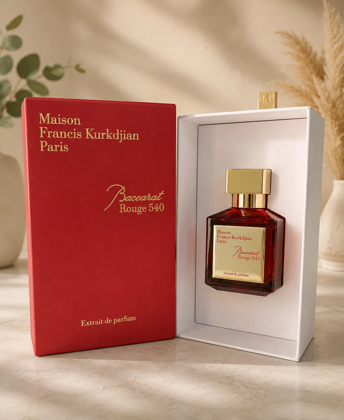 Maison Francis Kurkdjian Paris Baccarat Rouge 540 Extrait de Parfum shown with its red outer box and the open inner presentation box containing the amber glass perfume bottle with a gold cap.