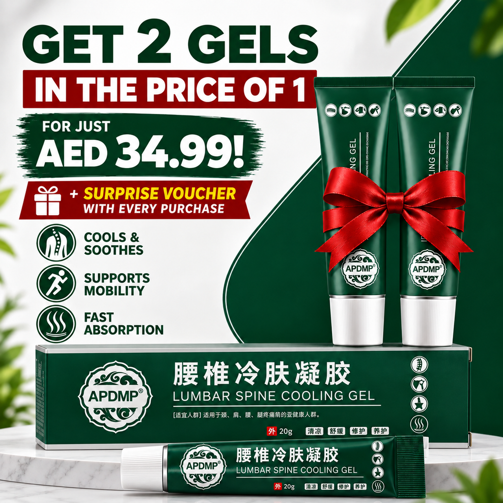APDMP lumbar spine cooling gel tubes and box shown in a promotional ad layout with large text offering 2 gels for the price of 1, plus a red ribbon bow and gift box presentation.