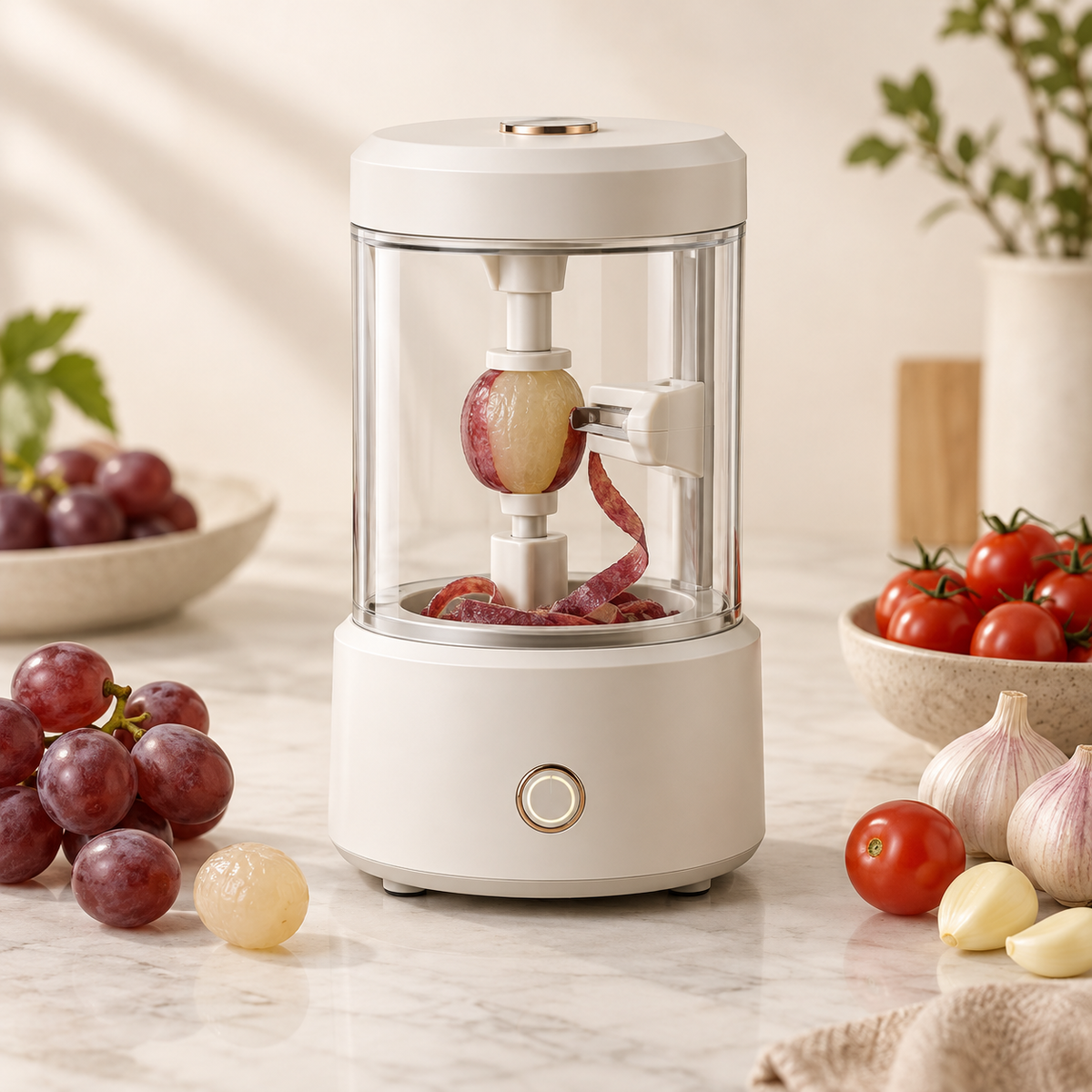 Automatic electric fruit peeler with fruit and garlic