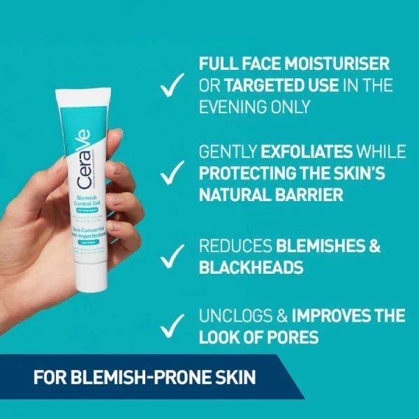 Marketing graphic for the CeraVe Blemish Control Gel listing benefits: full-face or targeted use, gently exfoliates, reduces blemishes and blackheads, unclogs pores.
