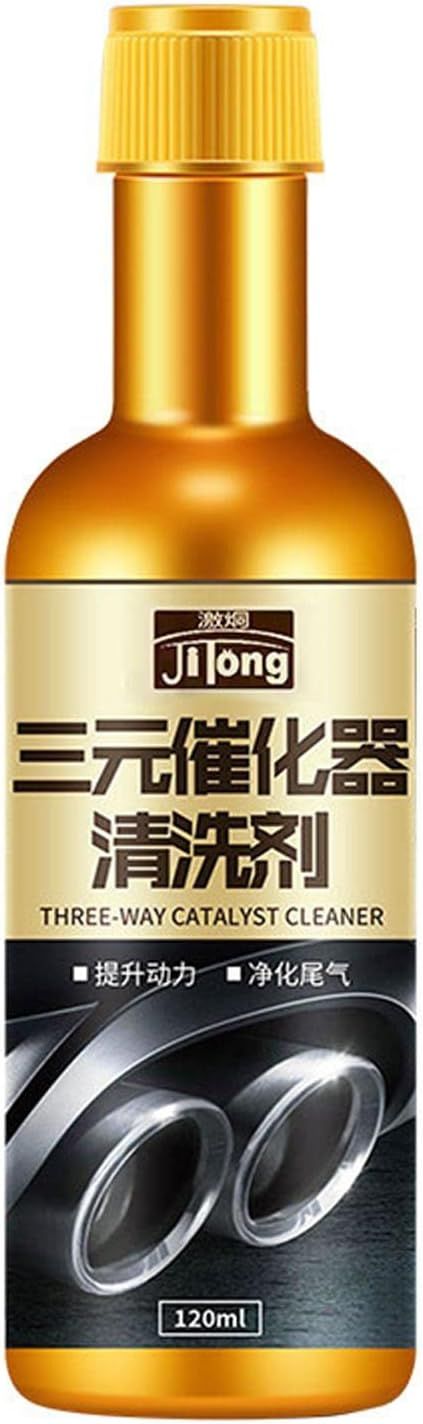 Gold bottle of three-way catalyst cleaner with text on a white background