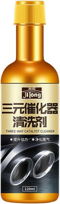 Gold bottle of three-way catalyst cleaner with text on a white background