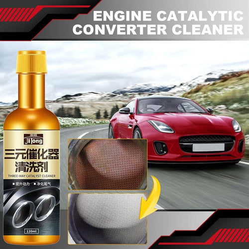 Graphic titled 'Engine Catalytic Converter Cleaner' showing the gold cleaner bottle with a red car driving on a road in the background, plus a before-and-after comparison of a catalytic converter mesh (dirty brown mesh transforming to a clean silver mesh via an arrow).