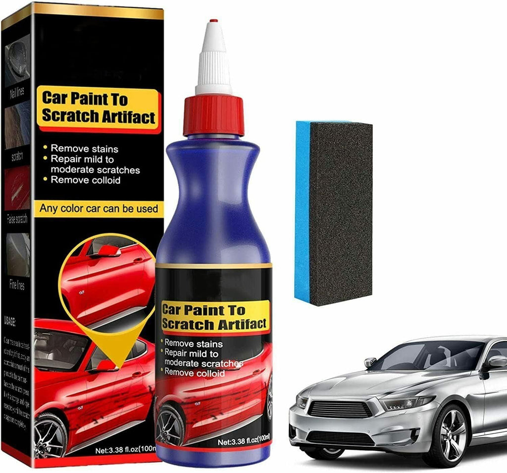 Car paint scratch repair kit with bottle, box, and car shown on a white background