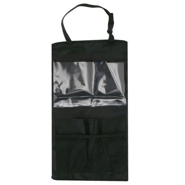 Black car organizer with clear window on a white background