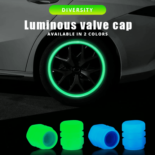 Luminous tire valve caps installed on a car wheel