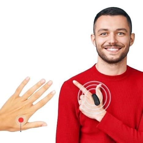 Man in red sweater holding a black device near his hand, with a close-up of a hand wearing a similar device on a white background.