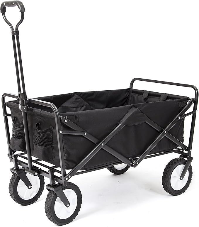 Black folding wagon with wheels on a white background