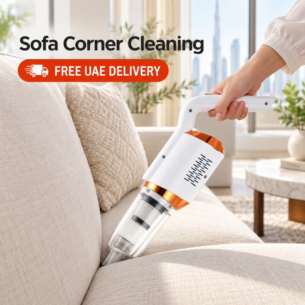 Handheld vacuum cleaning a sofa corner with FREE UAE DELIVERY