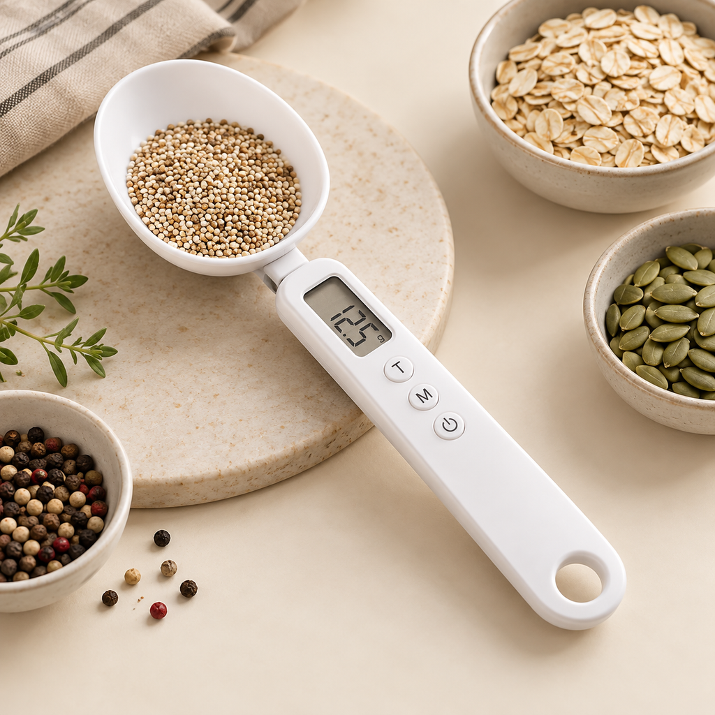 Digital measuring spoon scale with ingredients