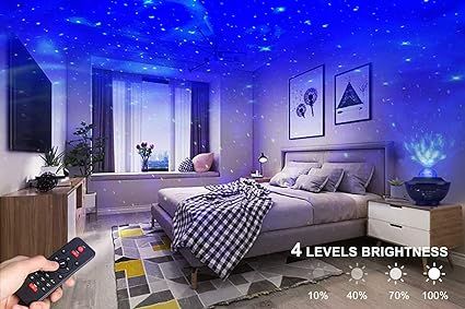 Bedroom with starry night light projector on ceiling, remote control held by hand, and 4 levels of brightness indicator.