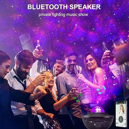 Bluetooth speaker with people celebrating at a party in the background