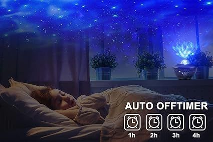 Person lying in bed under a starry night sky projection in a bedroom setting with an auto offtimer feature displayed.