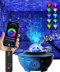 Ocean wave projector with smartphone control and remote, displaying colorful light show.