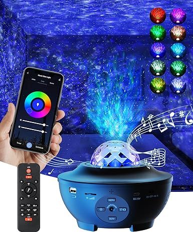 Ocean wave projector with smartphone control and remote, displaying colorful light show.