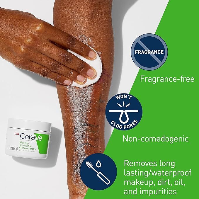 Person using a CeraVe makeup removing cleanser on their leg with product and benefits displayed.