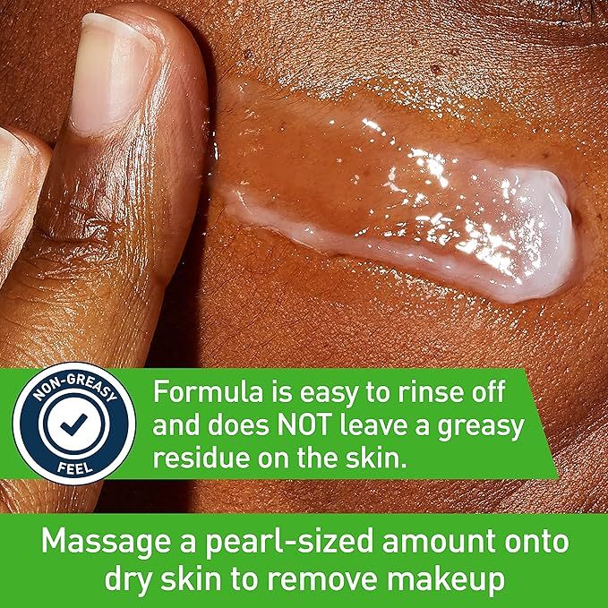 Close-up of skin with a skincare product applied, labeled as non-greasy.