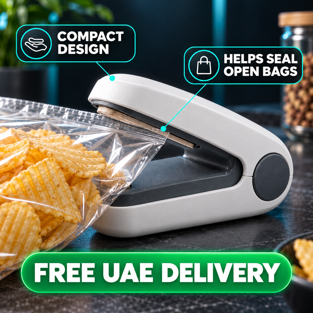 Mini portable bag sealer showing compact design and bag sealing use