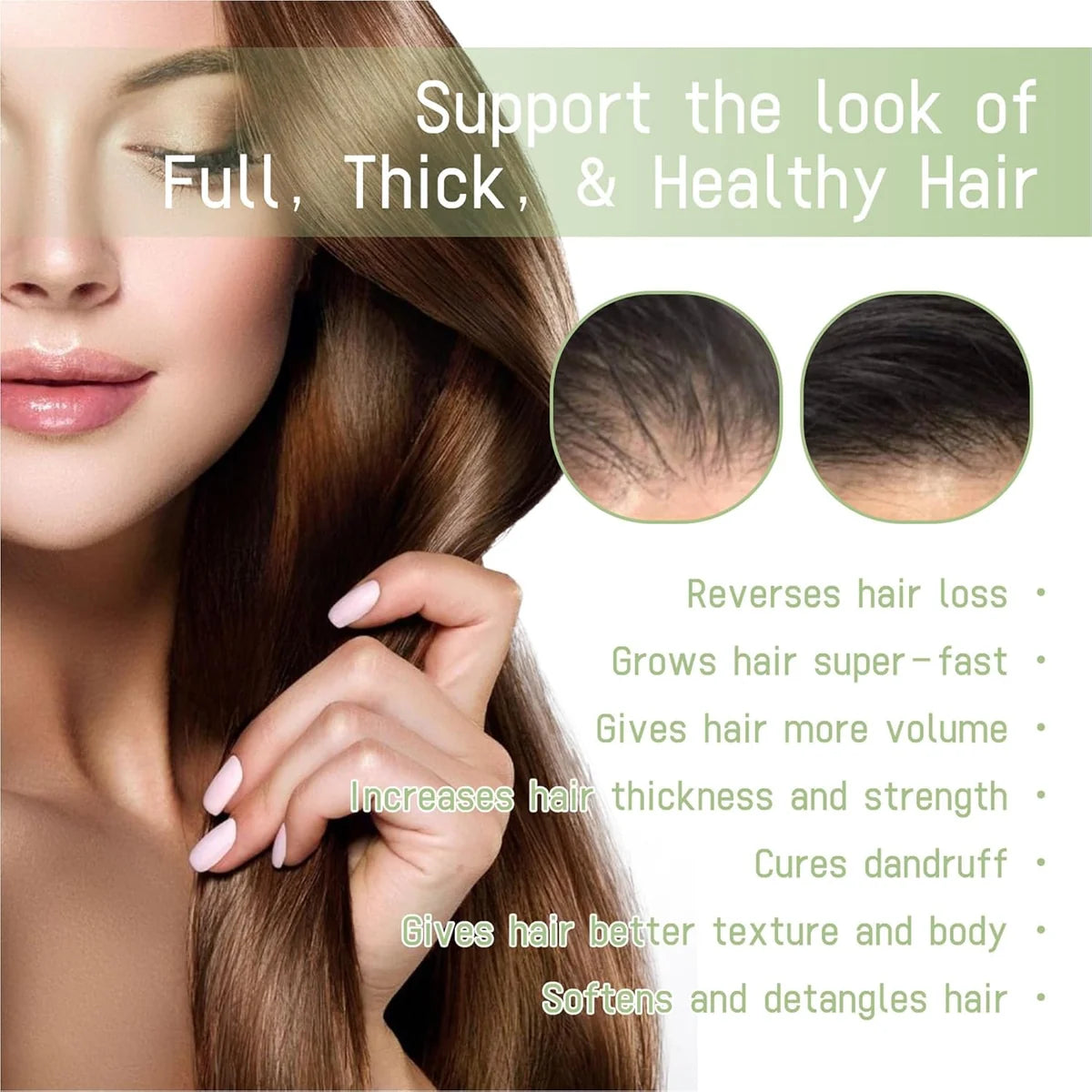 Woman with long hair touching her neck, with text about hair care benefits on a light green background.
