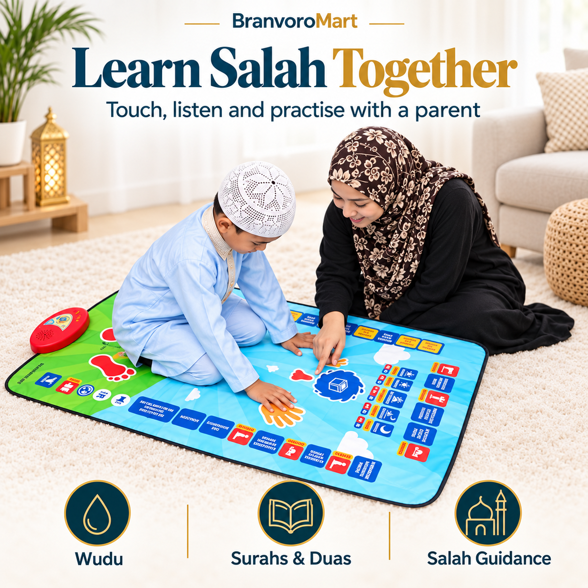 Parent and child learning Salah together on smart prayer mat
