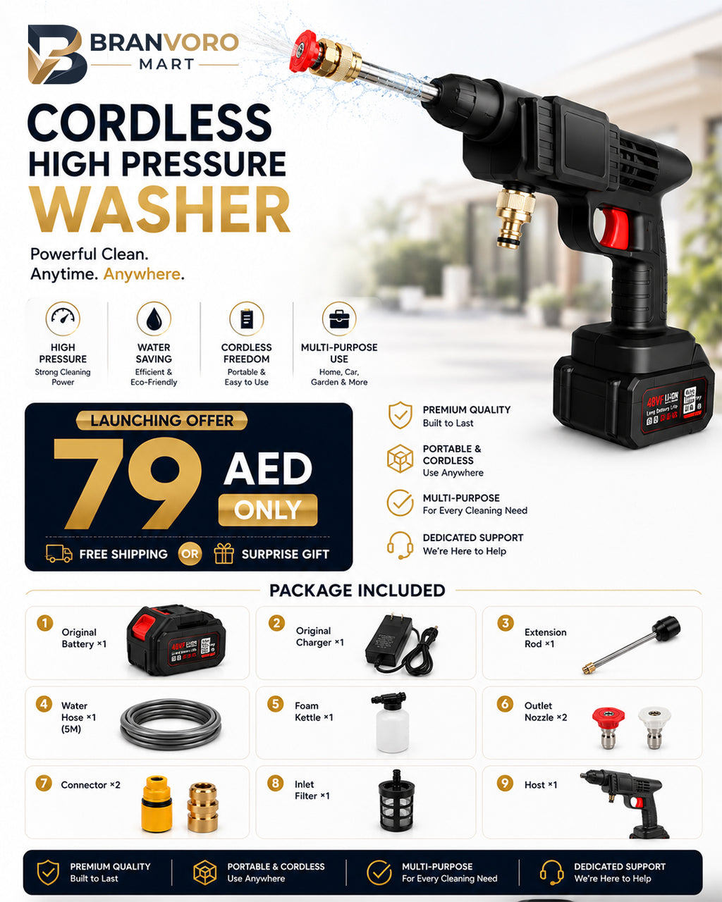 A promotional graphic for a cordless high pressure washer by BranVoro Mart. The main subject is a black cordless high pressure washer wand with a red trigger and brass nozzle, shown spraying water.