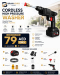 A promotional graphic for a cordless high pressure washer by BranVoro Mart. The main subject is a black cordless high pressure washer wand with a red trigger and brass nozzle, shown spraying water.