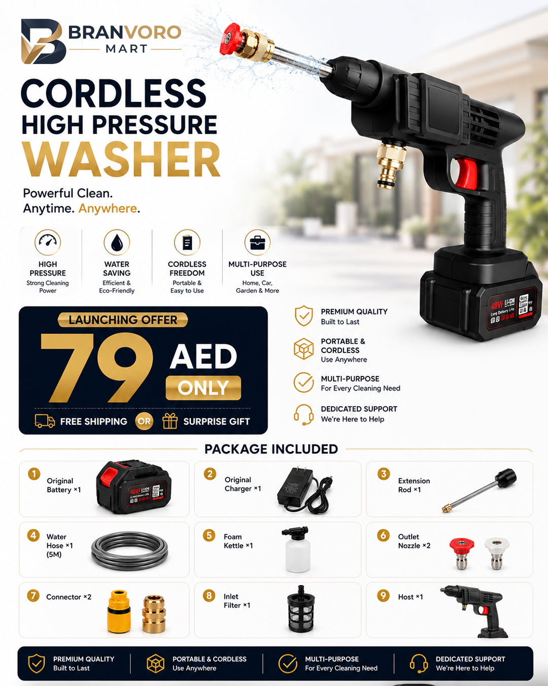 A promotional graphic for a cordless high pressure washer by BranVoro Mart. The main subject is a black cordless high pressure washer wand with a red trigger and brass nozzle, shown spraying water.