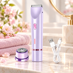 Purple women's body trimmer with round shaving head and USB cable on a cream bathroom vanity