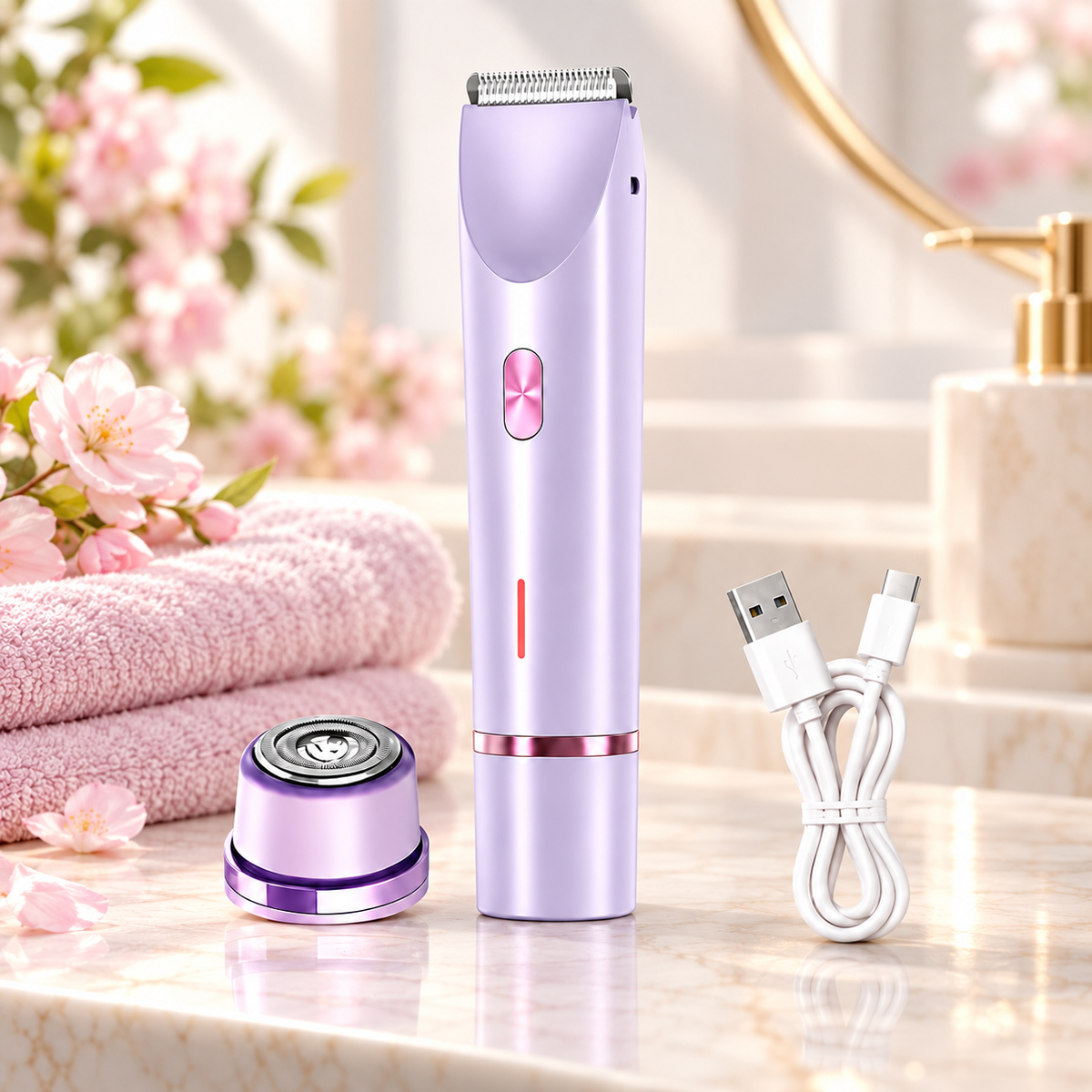 Purple women's body trimmer with round shaving head and USB cable on a cream bathroom vanity