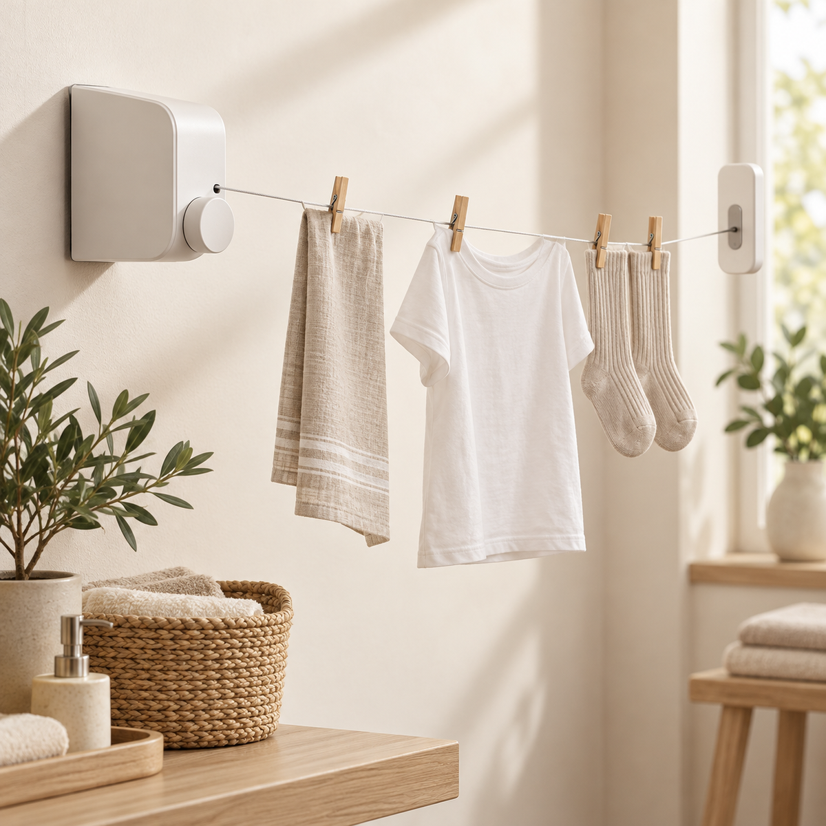 Retractable indoor clothesline in a bright laundry space