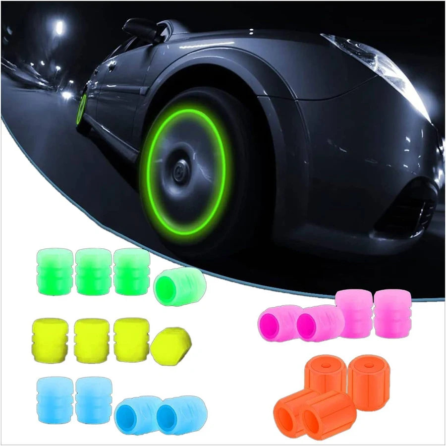 Neon glow tire tube covers in multiple colors including green, yellow, pink, blue, and orange, shown both individually and applied to a car wheel in a dark outdoor setting.