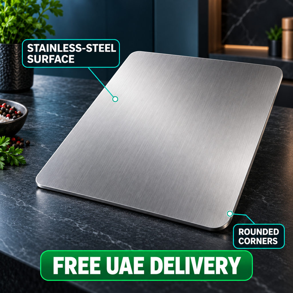 Stainless-steel chopping board showing brushed surface and rounded corners