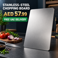 Stainless-steel chopping board hero image with AED 57.99 price and free UAE delivery