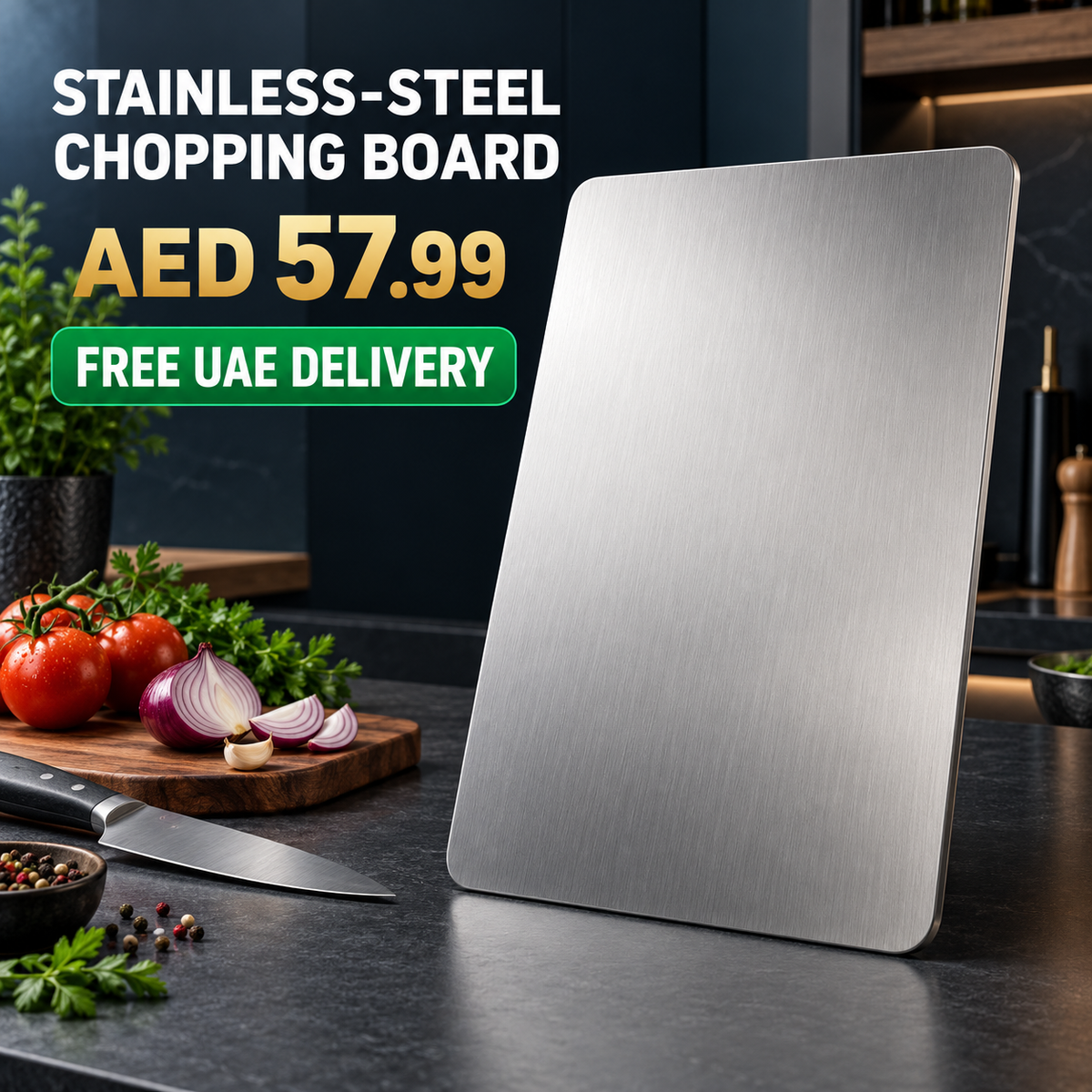 Stainless-steel chopping board hero image with AED 57.99 price and free UAE delivery