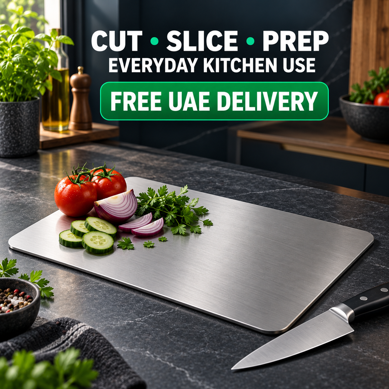 Stainless-steel chopping board used for everyday kitchen food preparation