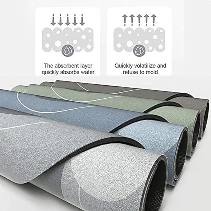 Diagram of the mat's absorbent layer with several rolled-up mats in gray, blue, and green shown below.