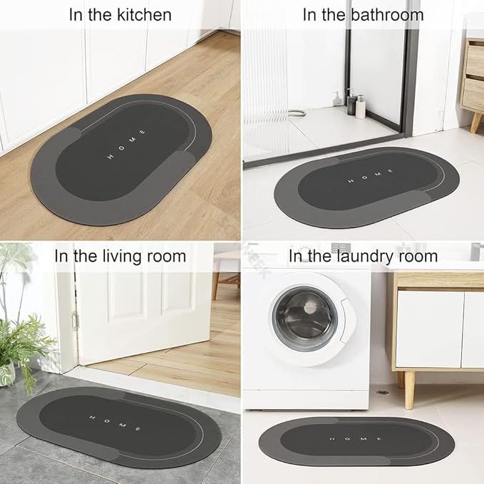 Four photos of the gray floor mat placed in different rooms: kitchen, bathroom, living room entrance, and laundry room.